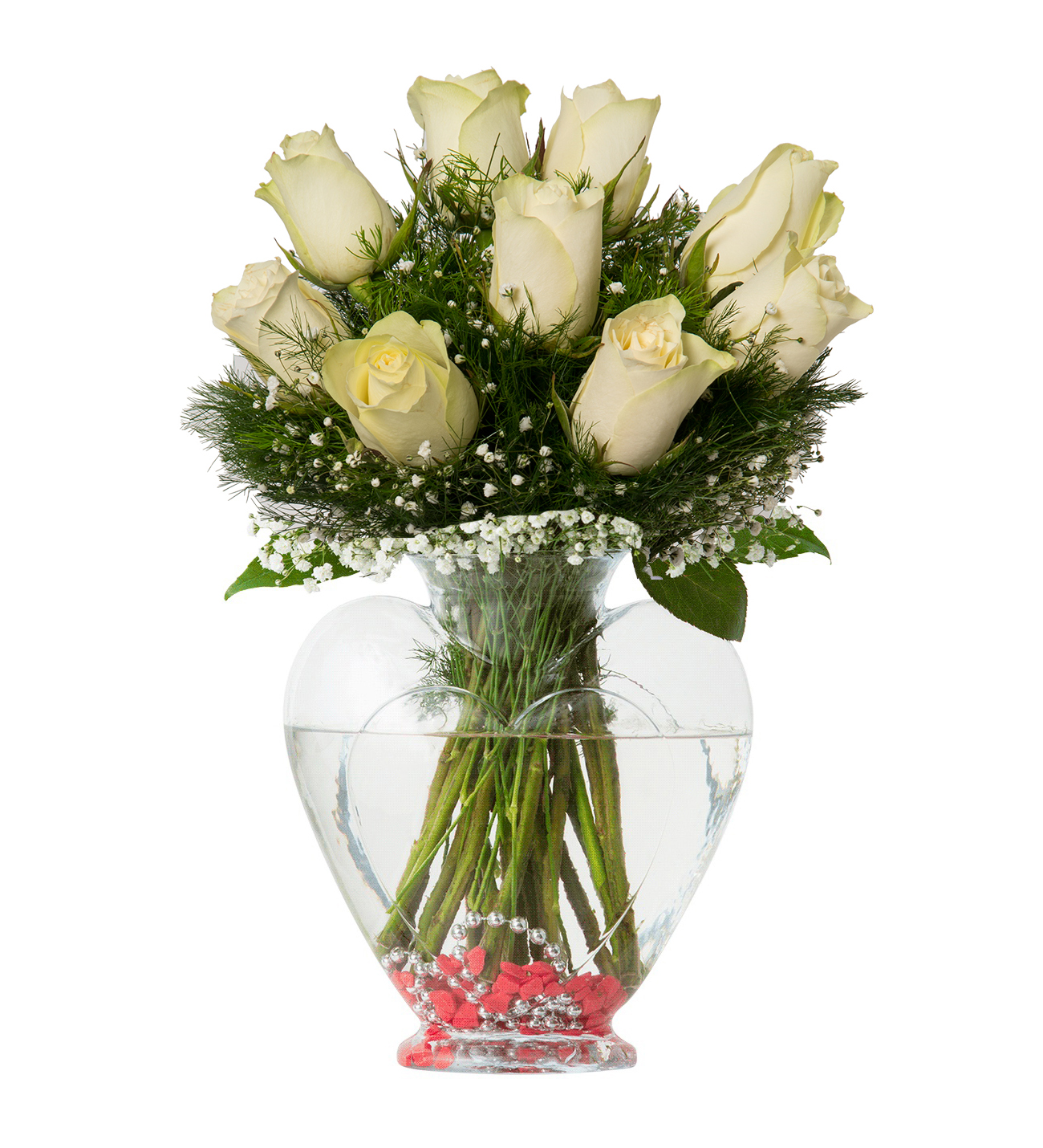 9 beyaz gül, gelin çiçekleri (cipsofilya) ile süslenmiş kalp vazoda sunulmuş. Aşkı ve saflığı simgeleyen bu buket, özel günler için idealdir.