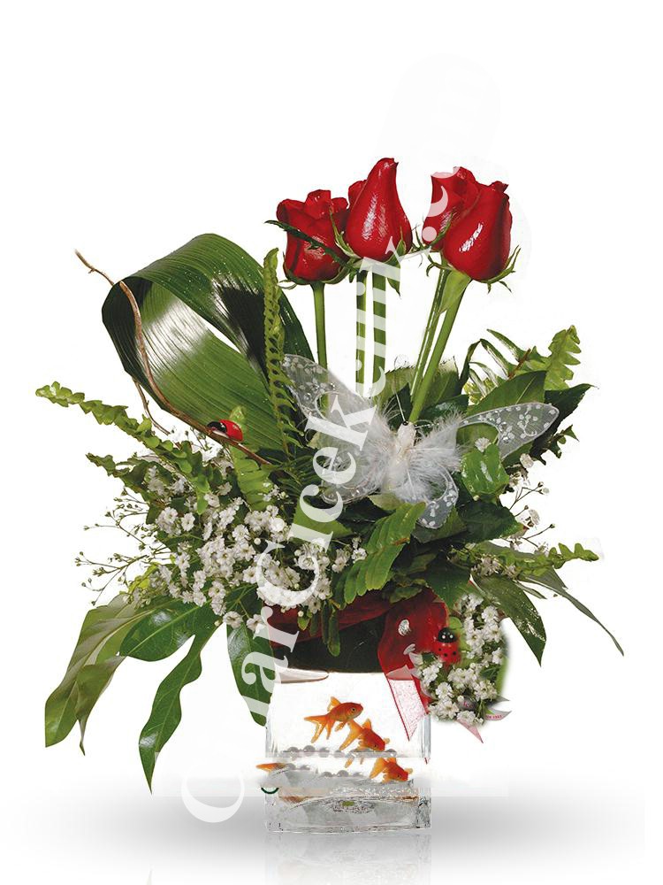 Kırmızı Gül İle Hazırlanmış Balıklı Çiçek Aranjmanı