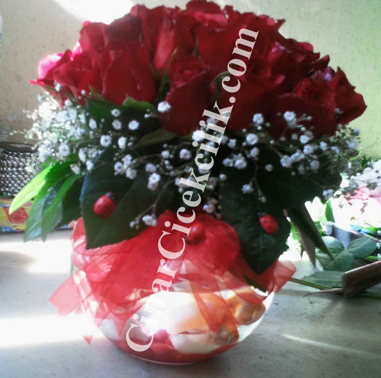 21 Adet Cam Fanusta Kırmızı Gül Balıklı Çiçek