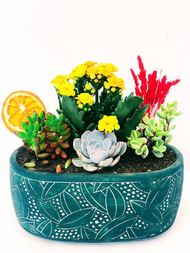 Premiere Dekoratif Ayaklı Vazo Kaktüs ve Kalancuha (Sarı)