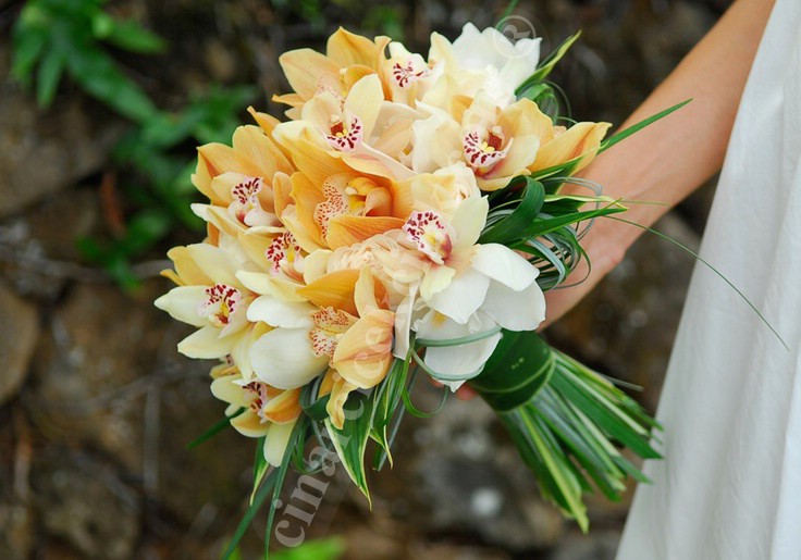 Beyaz Turuncu Orkide Gelin Buketleri