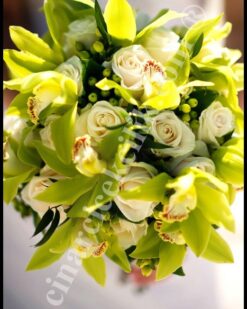 Gelin Buketi Yeşil Orkide Beyaz Gül