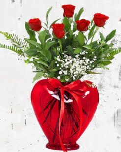 5 Adet Kırmızı Vazo İçinde Kırmızı Gül
