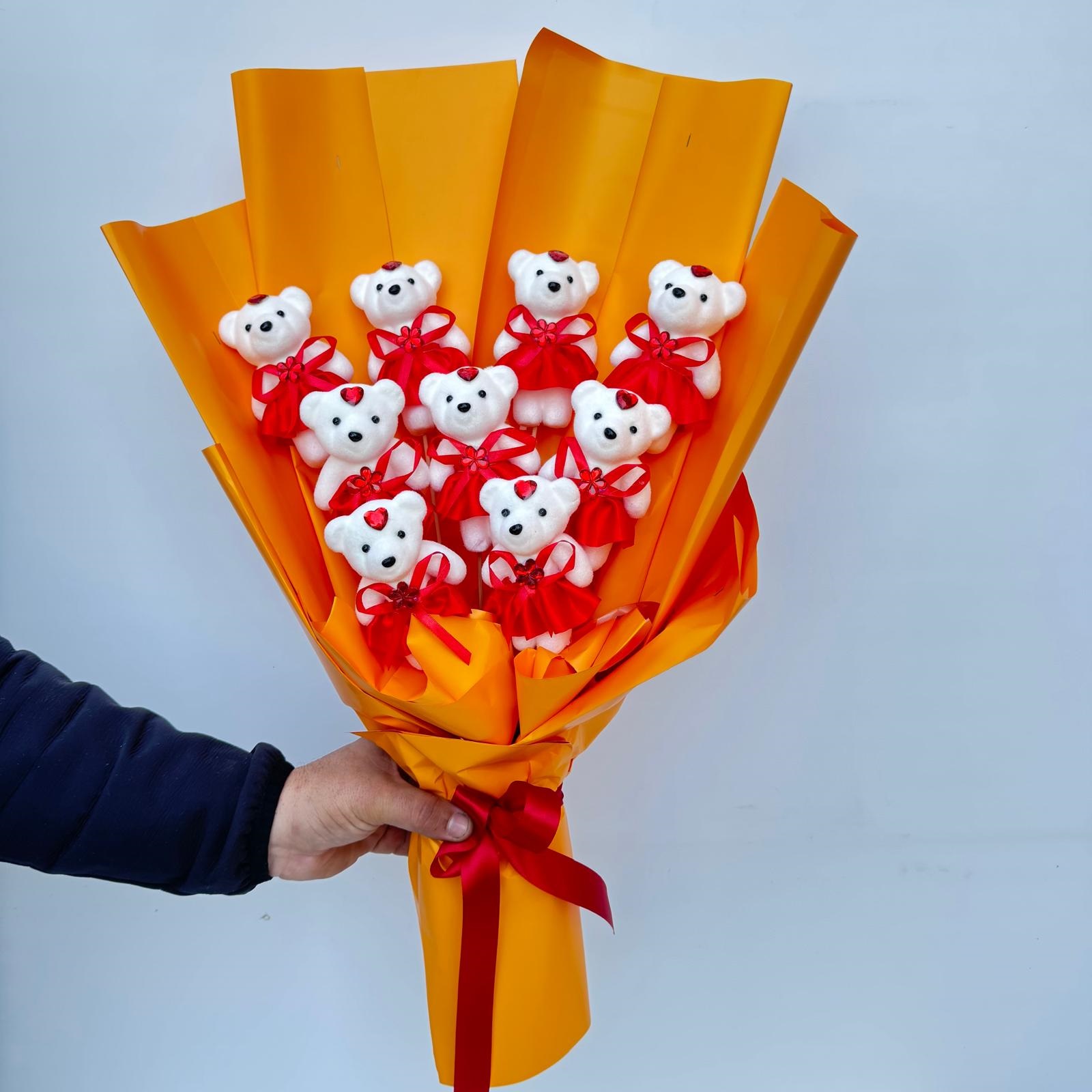 Kırmızı Etekli Ayıcık Buketi - 9'lu Özel Tasarım - Görsel 2