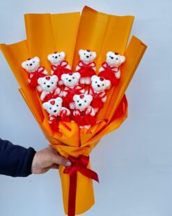 Kırmızı Etekli Ayıcık Buketi - 9'lu Özel Tasarım