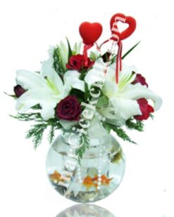 Kırmızı Gül ve Lilyum Balıklı Çiçek Aranjmanı