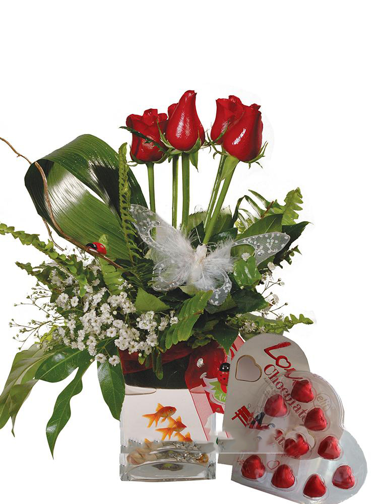 Kırmızı Gül, Çikolata ve Balıklı Çiçek Aranjmanı - Görsel 2