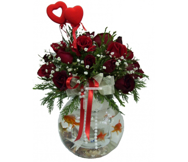 Fanusta Kırmızı Gül Balıklı Çiçek - Görsel 2