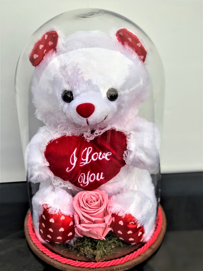 Solmayan Gül - Pembe Renkli Gül, Beyaz Pelüş Ayı