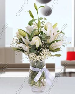 Beyaz İnci Beyaz Lilyum 3 Gül Aranjmanı