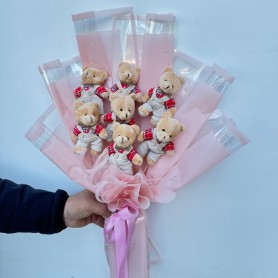 Kırmızı Elbiseli Ayıcık Buketi - 7 Adet