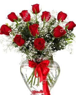 Çiçek Açan Aşk 11 Kalp Vazoda Kırmızı Gül