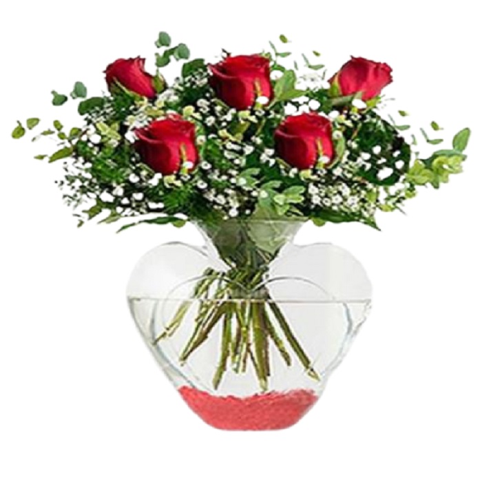 "Kalbim Seninle'' Kalp Vazoda 5 Kırmızı Gül - Görsel 2